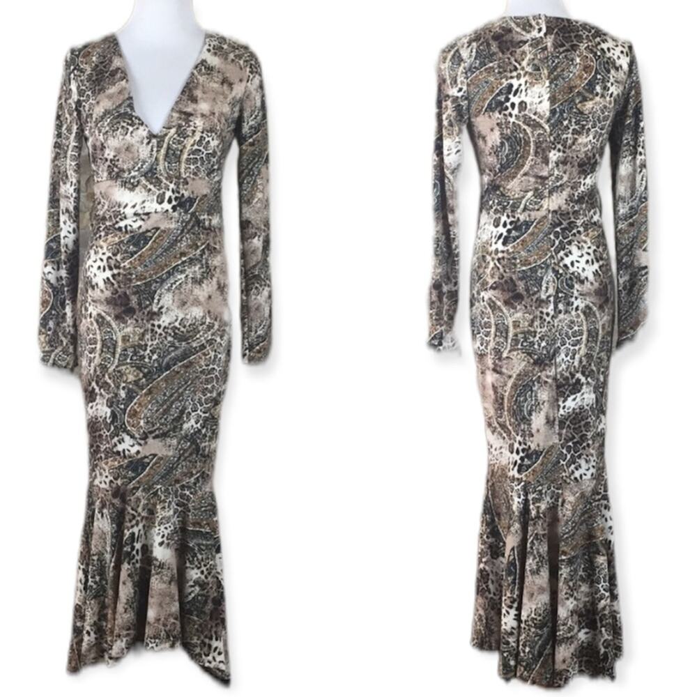 EBBY & I Leopard Print Midi Dress XS Long Ruffle Party Animal Fitted Bodycon NWT